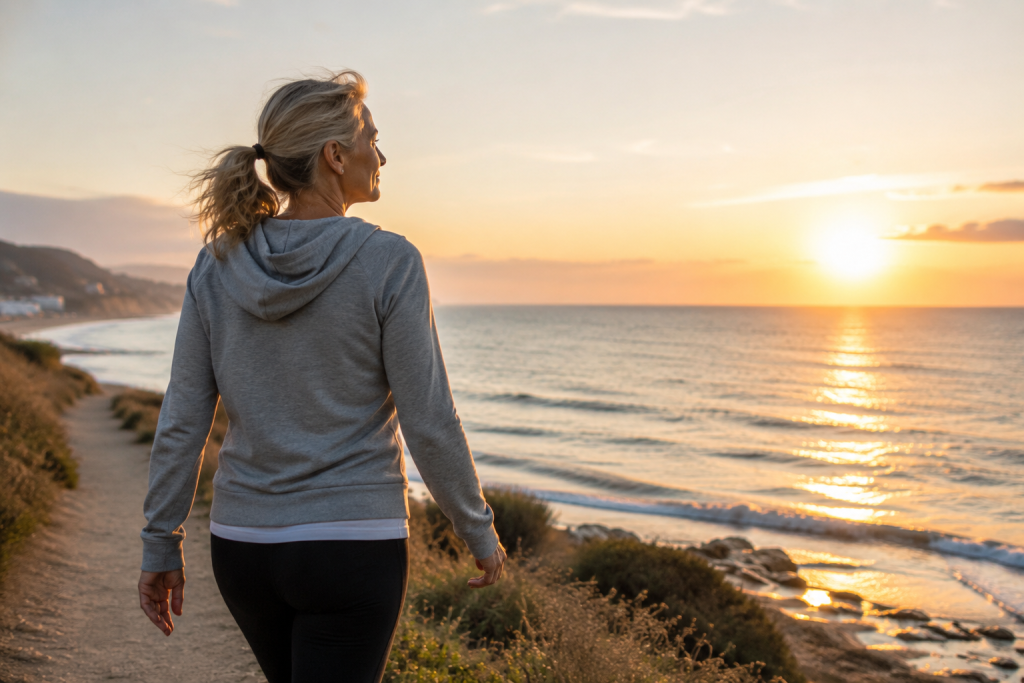 Mujer caminando junto al mar